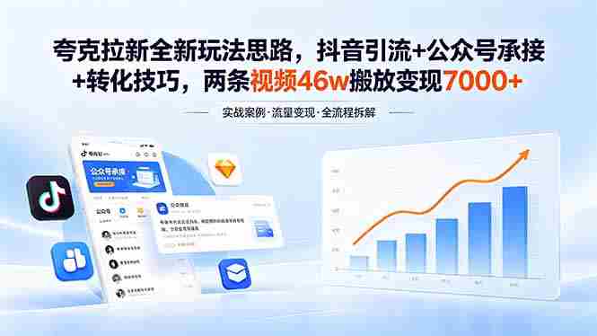 （18416期）夸克拉新全新玩法思路，抖音引流+公众号承接+转化技巧，两条视频46w搬放 变现7000+-智培资源网