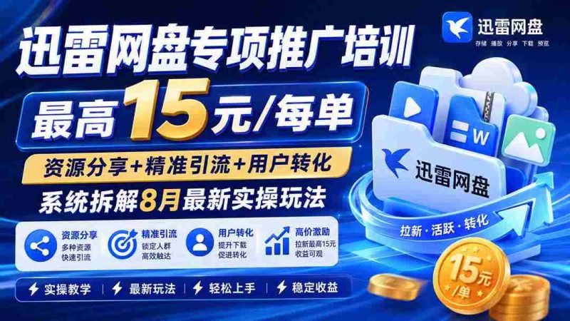 (20079期)迅雷网盘专项推广培训-更新08月——最高15元/每单,资源分享+精准引流+用户转化,系统拆解最新实操玩法-智培资源网